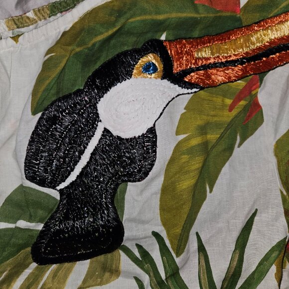 Rare  Farm Rio One-Shoulder Spring Forest Embroidered Toucan Linen Sz L - Picture 11 of 12